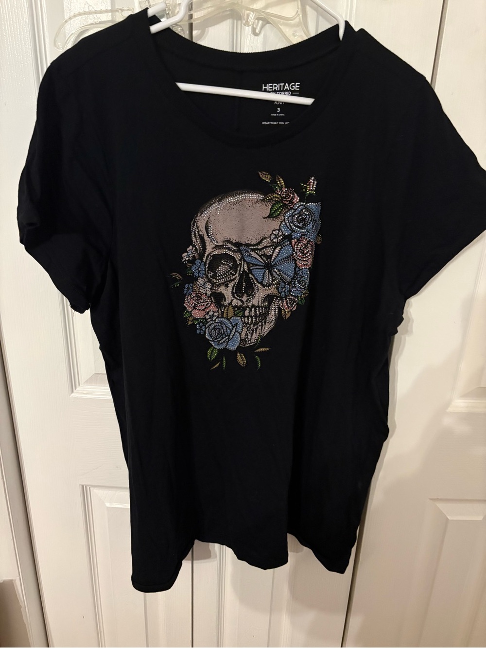 Heritage Black Tee with Rhinestone Skull and Blue-Pink Floral Accents
